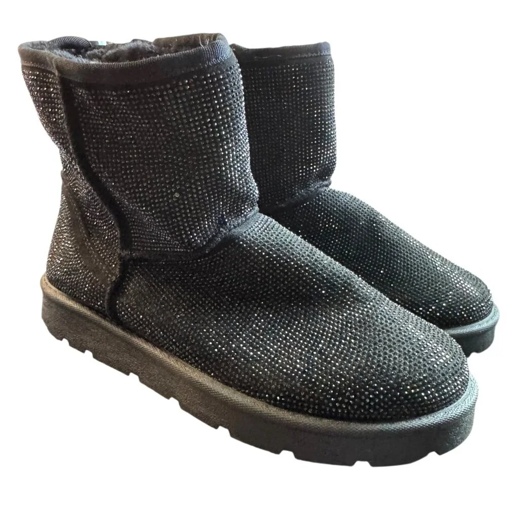 Torrid Black Rhinestone Glitter Winter Boots With Faux Fur Lining Women's 10 NWO